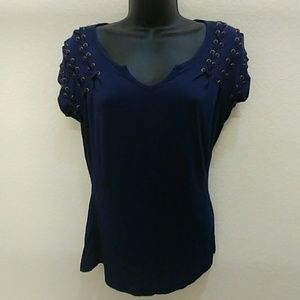 Venus Navy Lattice V neck T-shirt